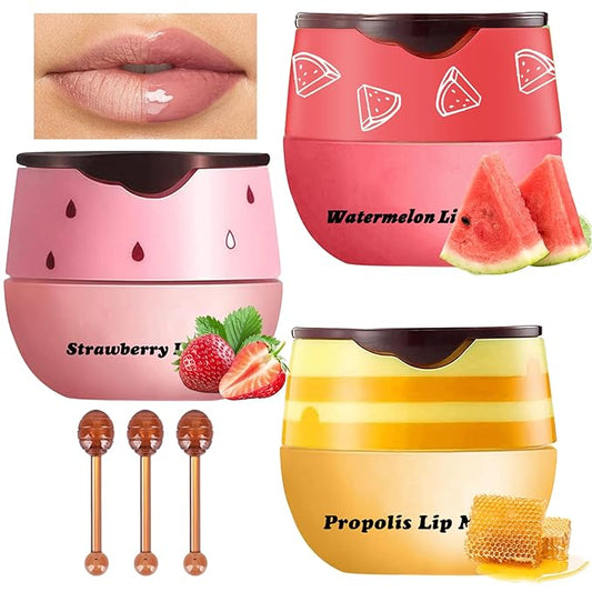 3Pcs Lip Balm Honey Pot with Stick, Honey Strawberry Apple Moisturizing and Hydrating Sleeping Lip Mask, Day and Night Repair and Care, Improve Lip Color, Reduce Lip Lines (SET B)-VivaGrace Women