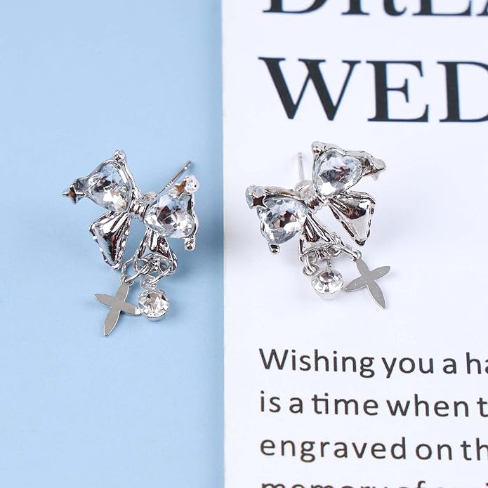 Vintage Crystal Bow Earrings Black Onyx Stud Earrings Silver Tiny Cross Drop Earrings Sparkly Cz Rhinestone Bow Earrings Jewelry for Women-VivaGrace Women