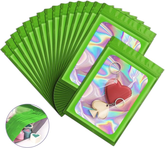 100 Pack Holographic Bags,Smell Proof Packaging Bags, Clear Window Resealable Odor Foil Pouch Mylar Bags for Food Storage and Lipgloss, Jewelry Lash(Green, 2.4 x 3.9 Inch)-VivaGrace Women
