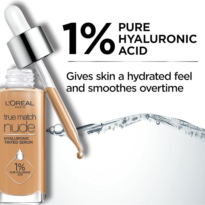 L'Oreal Paris True Match Nude Hyaluronic Tinted Serum Foundation with 1% Hyaluronic acid, Tan 6-7, 1 fl. oz.-VivaGrace Women