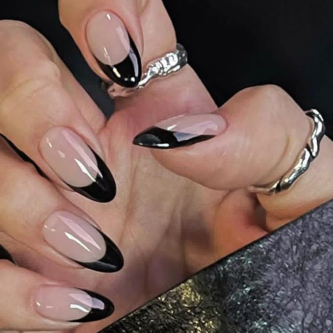 Medium Fake Nails Almond Press on Nails with Chrome Designs French Tip Glue on Nails Black Glossy False Nails for Women and Girls