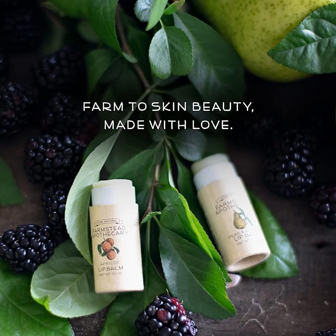 Farmstead Apothecary Lip Balm Gift Set with Pouch - Reusable Pouch Includes 4 -.2 oz Lip Balms - Boysenberry Vanilla, Fig & Honey, Pear & Almond , Apricot ,1 each. 100 % Natural, 99% Organic-VivaGrace Women