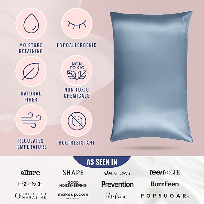 Blissy Silk Pillowcase - 100% Pure Mulberry Silk - 22 Momme 6A High-Grade Fibers - Silk Pillow Cover for Hair & Skin - Regular, Queen & King (Ash Blue, Queen)-VivaGrace Women