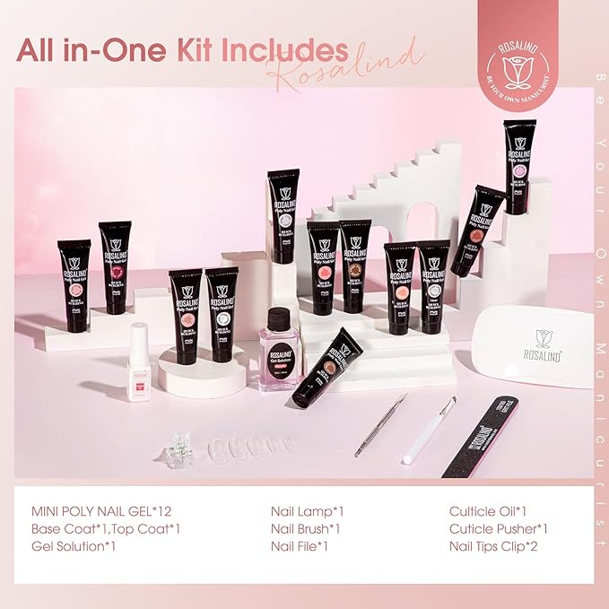 ROSALIND 12PCS Pink Brown Poly Nail Gel Kit with Mini Nail Lamp White Glitter Pink Poly Extension Gel Set-VivaGrace Women