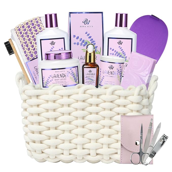 Bath and Body Gift For Women and Men - Lavender Home Spa Gift Set,Mug,Shower Gel,Bubble Bath,Lotion,Bath Bombs,Eye Mask,Manucure Set, Bath Belt, Body Oil,Bath Soak,Lip Balm,Soy Candle For Daily Use-VivaGrace Women