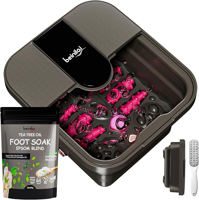 Beinilai Collapsible Foot Spa Bath with Heat,Bubble,Massage Rollers, Tea Tree Oil Foot Soak with Epsom Salt, Pedicure Foot File, Red Light,Removable Pumice Stone,Pedicure Foot Spa-VivaGrace Women