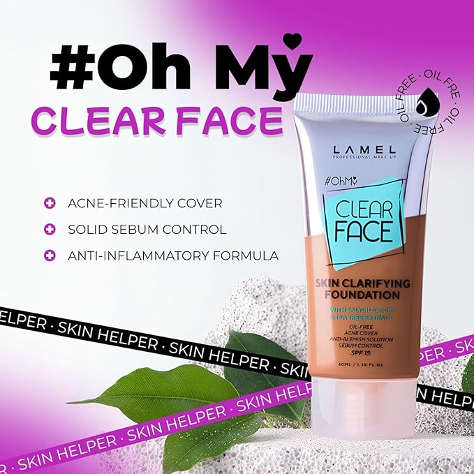 LAMEL OhMy Clear Face Full Coverage Foundation - Acne Coverage - Salicylic Acid & Tea Tree Extract - Dewy & Flawless Finish - Sensitive Skin Care - Organic & Oil-Free - 410, 1.35 fl.oz-VivaGrace Women
