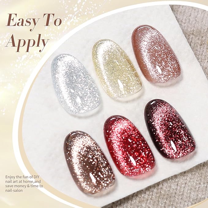 Born Pretty Cat Magnetic Eye Gel Nail Polish Reflective Glitter Gel Polish Red Silver Champagne Gold Glitter Gel Nail Polish 6PCS Set-VivaGrace Women