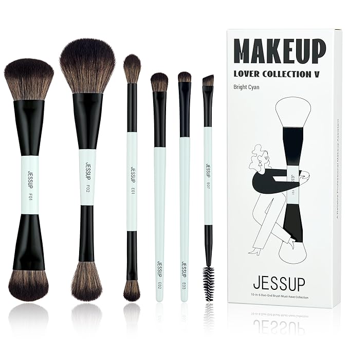 Jessup Makeup Brush Set 6pcs Double Sided Makeup Brushes Foundation Contour Blush Highlight Blending Eyebrow Brush Eyeshadow Brush, Vegan Fiber Make up Brush Bright Cyan T501-VivaGrace Women