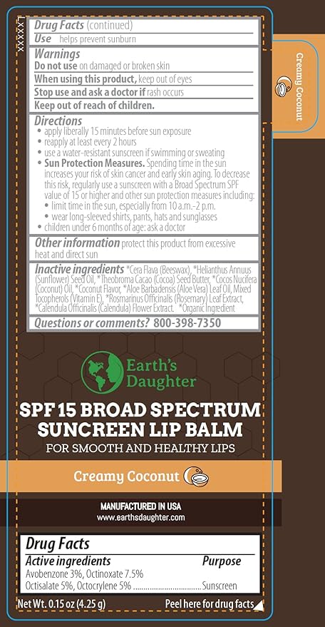 SPF Lip Balm 4-Pack by Earth's Daughter - Lip Sunscreen, SPF 15, Organic Ingredients, Coconut Flavor, Beeswax, Coconut Oil, Vitamin E - Hypoallergenic, Paraben Free, Gluten Free, New-VivaGrace Women