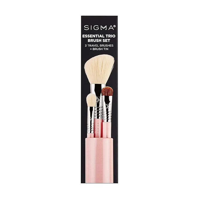 Sigma Beauty Travel Essential Trio - Makeup Brush Set for Foundation Powder Eyeshadow - 3 Tool Brushes with Brush Tin Holder - - Skin Safe, Vegan Makeup Brushes for Travel - Light Pink-VivaGrace Women