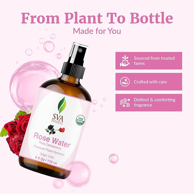SVA ORGANICS Rose Water 4oz (118 ml) Refreshing Rose Water Spray for Skin Care, Skin Hydration, Bath, Soaps, Haircare & Aromatherapy-VivaGrace Women