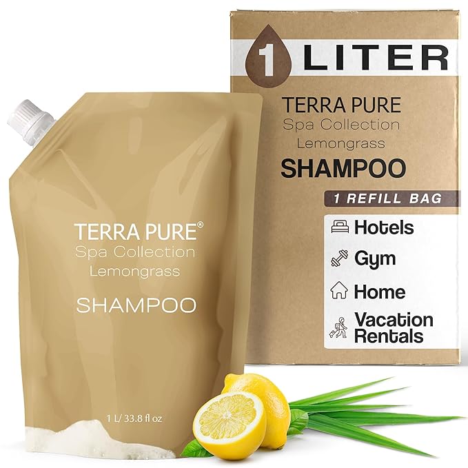 Terra Pure Spa Collection 1 Liter Shampoo Refill Bag For Soap Dispensers | Bulk Toiletries for Vacation Rentals, and Home Bathroom Showers | Green Tea Lemongrass | Single-VivaGrace Women