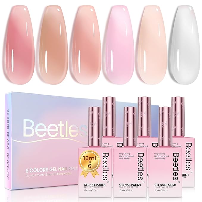 Beetles Jelly Gel Nail Polish, 6 Colors 15ML Milky White Sheer Pink Nude Brown Translucent Sheer Nail Polish Soak Off UV Colorful Bottle Gel Nail Art Home Salon DIY Gift for Women-VivaGrace Women