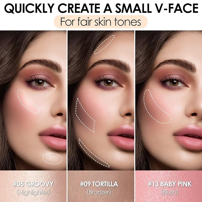 FOCALLURE 3 Pcs Cream Contour Sticks,Shades with Highlighter & Bronzer & Blush,Non-greasy Long-wear Face Contouring Pen,Easy to Sculpt the Face and Create a Lightweight Finishing Makeup,FAIR-VivaGrace Women