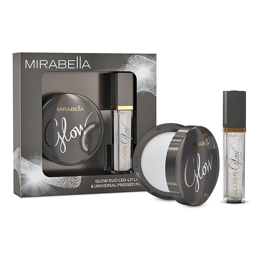 Mirabella Glow Duo, LED Lit Lip Gloss & Hyaluronic Pressed Powder Gift Set - Universal Pressed Powder with LED Light & Mirror - Talc-Free, Paraben & Gluten Free-VivaGrace Women