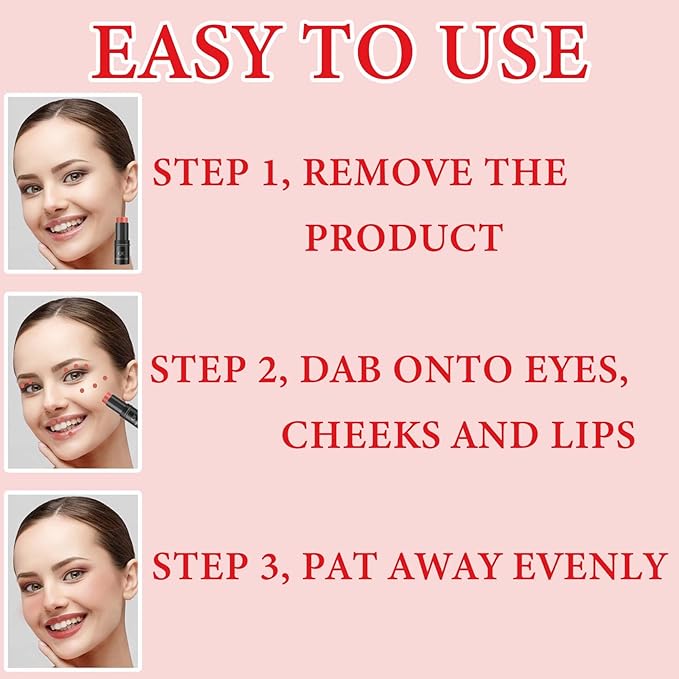 Cream Contour Blush Stick,Long Lasting Waterproof Blush Stick for Cheeks&Lips Multipurpose Face Highlighting Concealing Cream,Shimmer Contour Stick Makeup for Women（Rose Red）-VivaGrace Women