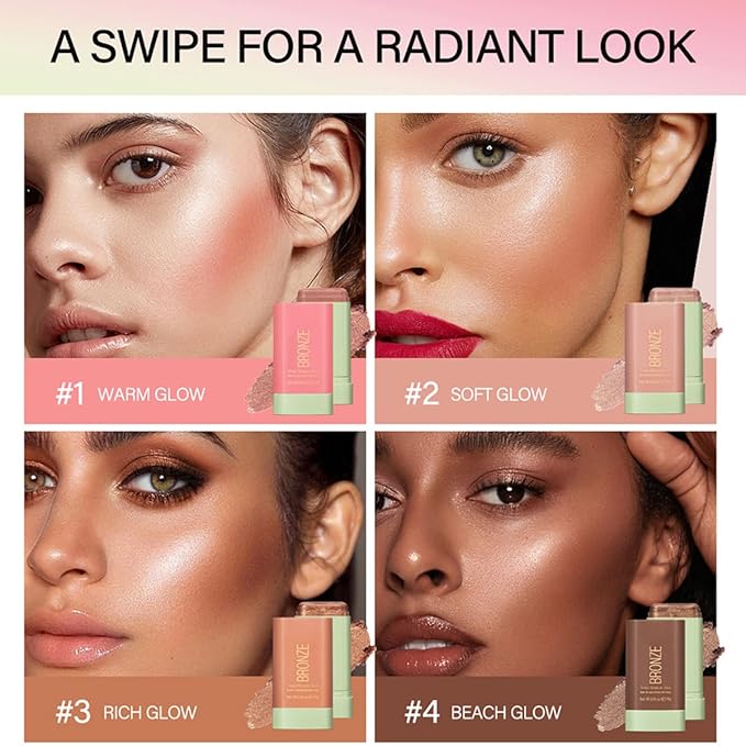 Multi-Purpose Makeup Blush Stick, 3-in-1 Beauty Tinted Solid Blush Stick For Cheeks, Lips And Eyes Waterproof Natural Cream Blush Stick With Long-Lasting Moisturizing Formula (#1Warm Glow)-VivaGrace Women