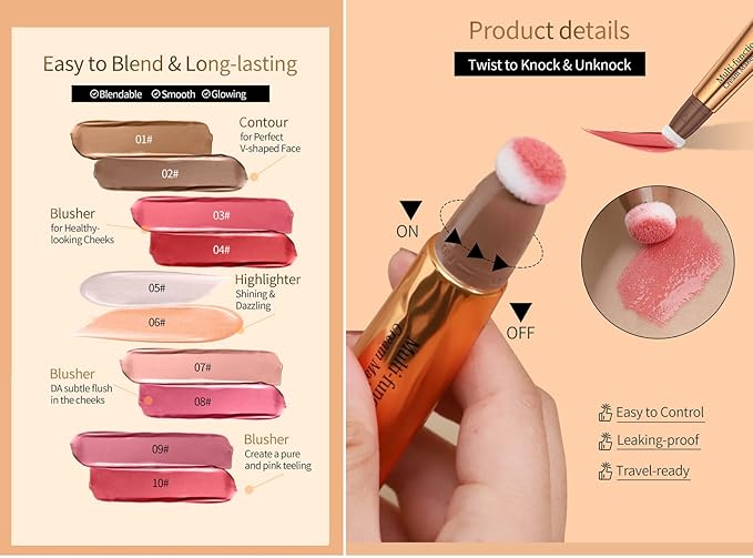 Go Ho Liquid Blush Beauty Wand,Blendable Super Silky Cream Blush Stick,Face Moisturizing Contour Blush Stick with Fine Cushion Applicator,Cruelty-free,003# Medium Pink-VivaGrace Women