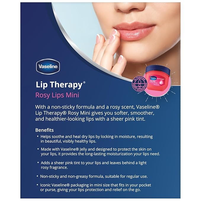 Vaseline Lip Therapy Rosy Lips Mini, Pure Petroleum Jelly, Advanced Moisture, Light Rose Fragrance, Sheer Pink Tint on Lips, Mini Vaseline Petroleum Jelly, Soft Vaseline Lips (Pack of 6-0.25 Oz Ea)-VivaGrace Women