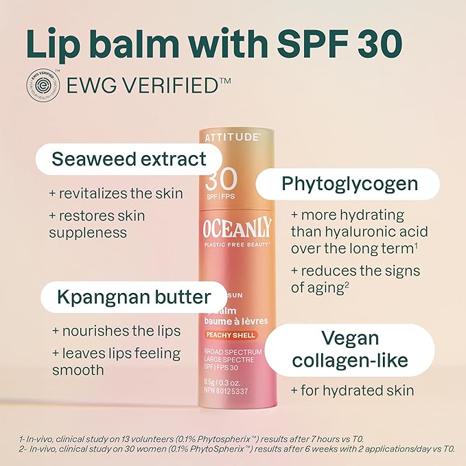 ATTITUDE Oceanly Tinted Lip Balm with SPF 30, EWG Verified, Plastic-Free, Broad Spectrum UVA/UVB Protection with Zinc Oxide, Vegan, Unscented, Peachy Shell, 0.3 Ounce-VivaGrace Women