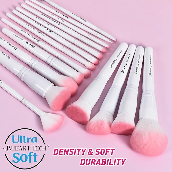 Bueart Design 16Pcs ULTRA SOFT labeled Makeup Brushes set with brush Holder face brush for Foundation Powder Blending Blush wooden Handle(16Pcs White+Pink Holder)-VivaGrace Women