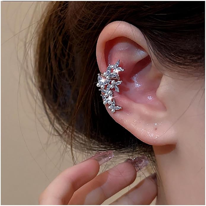 Vintage Crystal Pearl Ear Cuff Earrings Rhinestone Butterfly Cuff Wrap Earrings Cz Butterfly Ear Climber Cuff Earrings Silver Pearl Cz Non Piercing Earring Jewelry for Women(Left)-VivaGrace Women