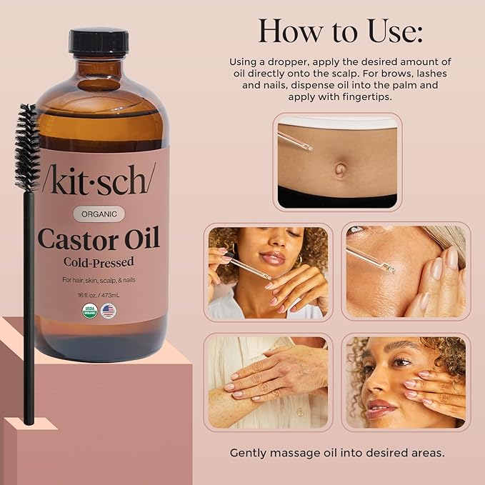 Kitsch Organic Castor Oil for Hair Growth - 100% Pure Castor Oil, Organic Cold Pressed Unrefined Glass Bottle for Face, Skin, Lashes, Brows, Scalp, Nails & Belly Button - Hexane Free, USDA - 16 oz-VivaGrace Women