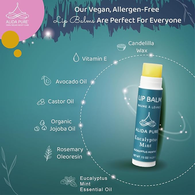 Eucalyptus Mint Lip Balm Collection, Vegan Lip Balm Set, Beeswax Free, with Avocado Oil, Organic Jojoba Oil, and Vitamin E, Natural Moisturizer for Dry, Chapped Lips, 3 Tube Set-VivaGrace Women