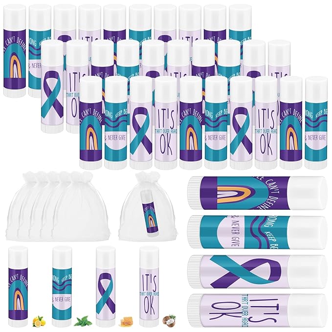 Fumete 50 Pcs Suicide Prevention Awareness Lip Balm Bulks Purple Teal Ribbon Lip Balm Mental Health Care Gift for Suicide Prevention Awareness Inspirational Favor Charity Campaign Supplies-VivaGrace Women