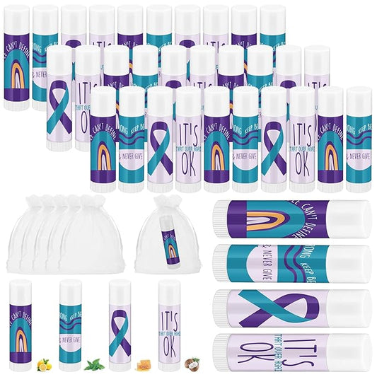 Fumete 50 Pcs Suicide Prevention Awareness Lip Balm Bulks Purple Teal Ribbon Lip Balm Mental Health Care Gift for Suicide Prevention Awareness Inspirational Favor Charity Campaign Supplies-VivaGrace Women