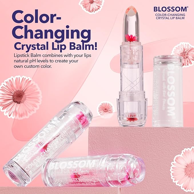 Blossom Moisturizing Custom Color Changing 2 pack, Strawberry Scented Crystal Lip Balm (Red), Shimmer Sparkle Lip Stain Tint (Blush), Infused with Real Flowers, 6g, Red/Blush-VivaGrace Women
