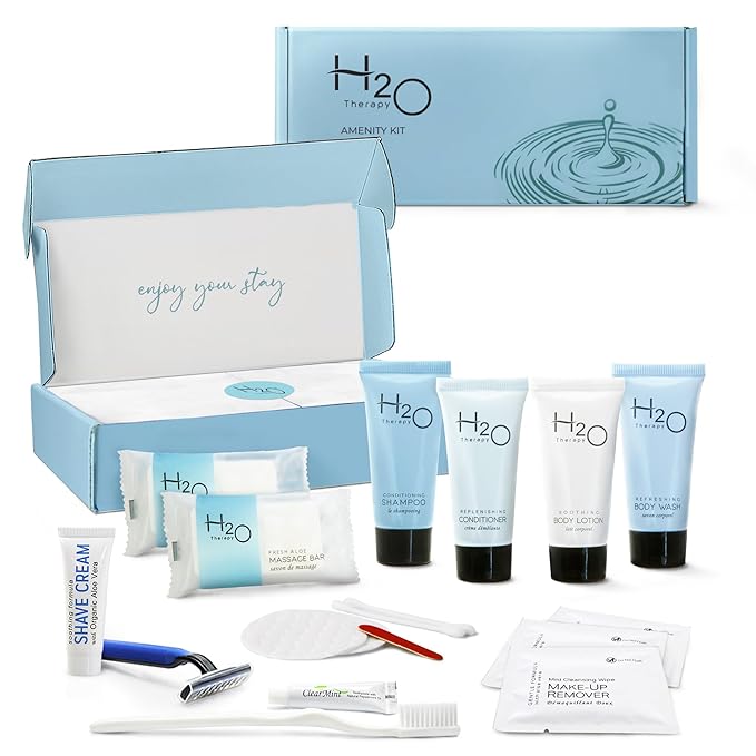 H2O Therapy Amenity & Accessory Kit | 0.85 oz Travel Size Shampoo, Conditioner, Lotion, Body Wash, Massage Bar, Cleansing Bar, Shave & Dental Sets, Make-Up Remover Wipes, & Vanity Kit | 1 set per case-VivaGrace Women
