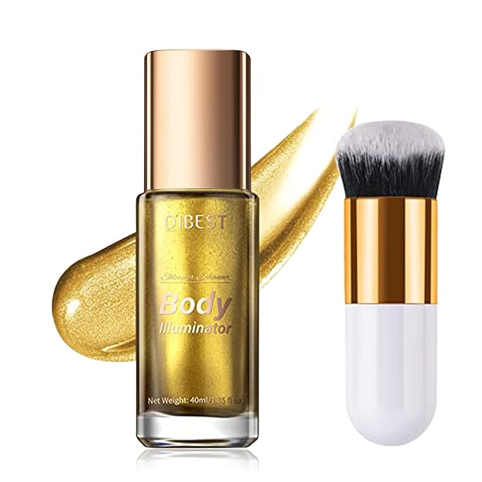 40ml Body Shimmer Oil,Liquid Body Illuminator, Waterproof Moisturizing And Glow For Face & Body, All-In-One Makeup Liquid Illuminator, Summer Body Luminizer,Makeup Brush Include (05#Gold)-VivaGrace Women