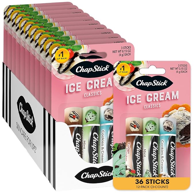 ChapStick Lip Moisturizer, Ice Cream 3-Packs (12 Sets/36 Tubes) - Bulk Lip Balm, Irresistible & Sweet, 0.15 Oz Ea-VivaGrace Women