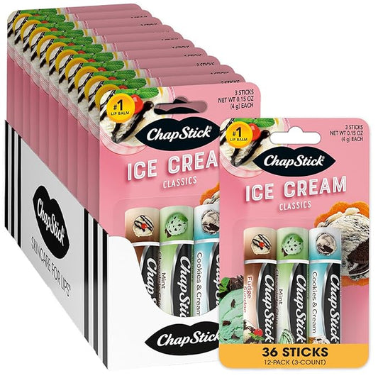 ChapStick Lip Moisturizer, Ice Cream 3-Packs (12 Sets/36 Tubes) - Bulk Lip Balm, Irresistible & Sweet, 0.15 Oz Ea-VivaGrace Women