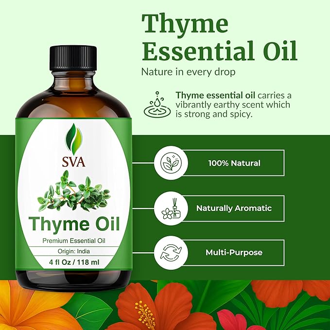SVA Thyme Essential Oil – 4 Fl Oz – 100% Natural Thyme Oil - for Diffuser, Hair Care, Face, Skin Care, Aromatherapy, Scalp and Body Massage, Soap and Candle Making – with Dropper-VivaGrace Women