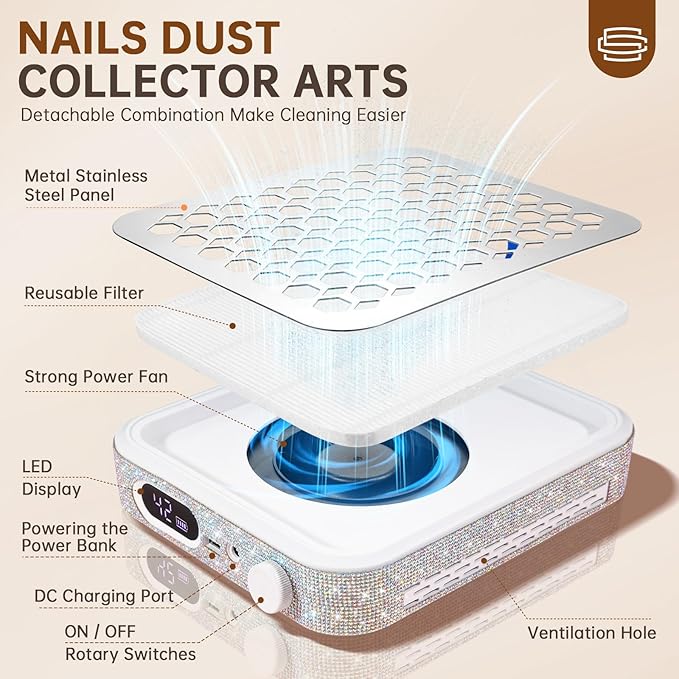 Nail Dust Collector, Rechargeable Dust Collector Nail Tech, Powerful Vacuum Fan Vent Dust Collector Extractor Dust Suction Machine for Acrylic Nails Polishing, Nail Salon&Home, White-VivaGrace Women