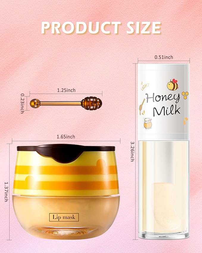 2Pcs Apple Lime Lip Bee Balm Honey Pot Lip Mask & Lip Glowy Oil Lip Gloss Care Set, Propolis Moisturizing & Nourish Lip Gloss Repair, Plump Dry Cracked Lip Scrub Exfoliator bálsamo para labios -Set D-VivaGrace Women