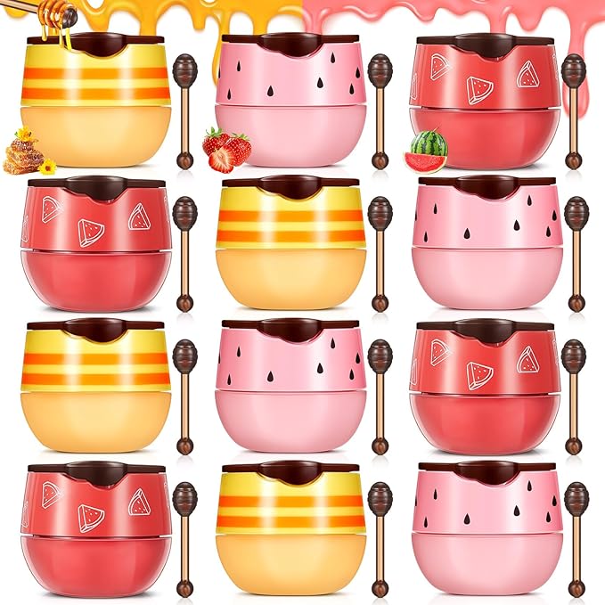 12 Pcs Bee Lip Balm Honey Pot with Brush Propolis Lip Mask Overnight, Moisturizing Hydrating Lip Sleeping Mask Prevention Dry and Cracked(Honey+Strawberry+Watermelon)-VivaGrace Women