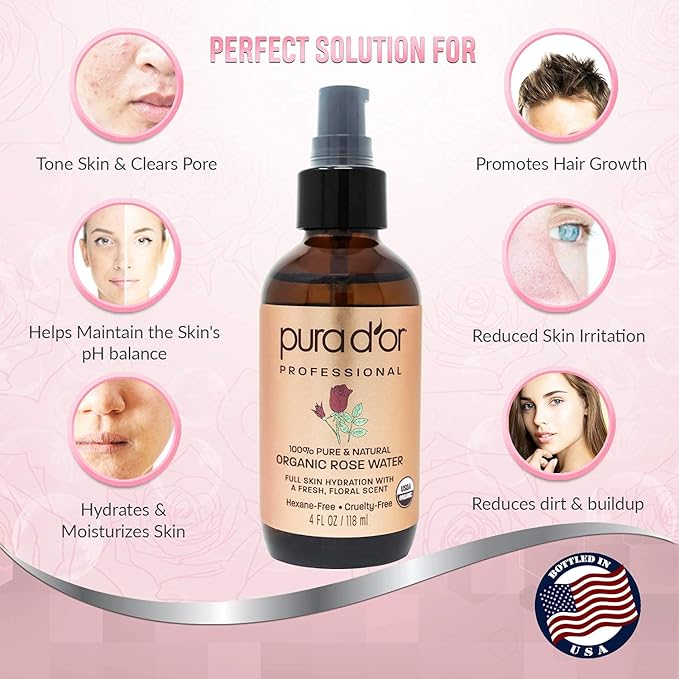 PURA D'OR Organic Rose Water Toner (4oz / 118mL) Eau Fraiche, 100% Pure Full Skin Hydration, Control Excess Oils & Acne - Cleanses & Softens - Promotes Healthy Skin Cell - for All Skin Types-VivaGrace Women