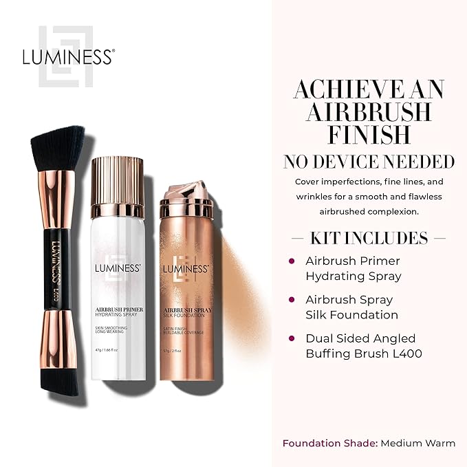 LUMINESS Silk Airbrush Spray Foundation Makeup Starter Kit - Full Coverage Foundation, Primer & Dual-Sided Angled Buffing Brush - Medium Warm-VivaGrace Women