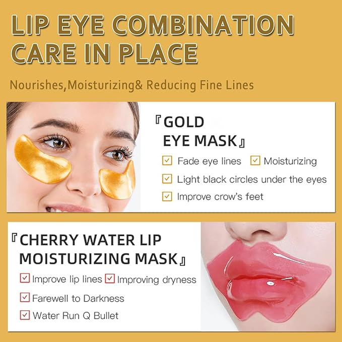 30 Pairs Lip Masks & Eye Mask, 24K Gold Gel Crystal Collagen Eye Patches for Puffy Eyes and Dark Circles Eyes, Effectively Nourishes the Lip & Eye Skin, Reducing Wrinkles and Fine Lines-VivaGrace Women