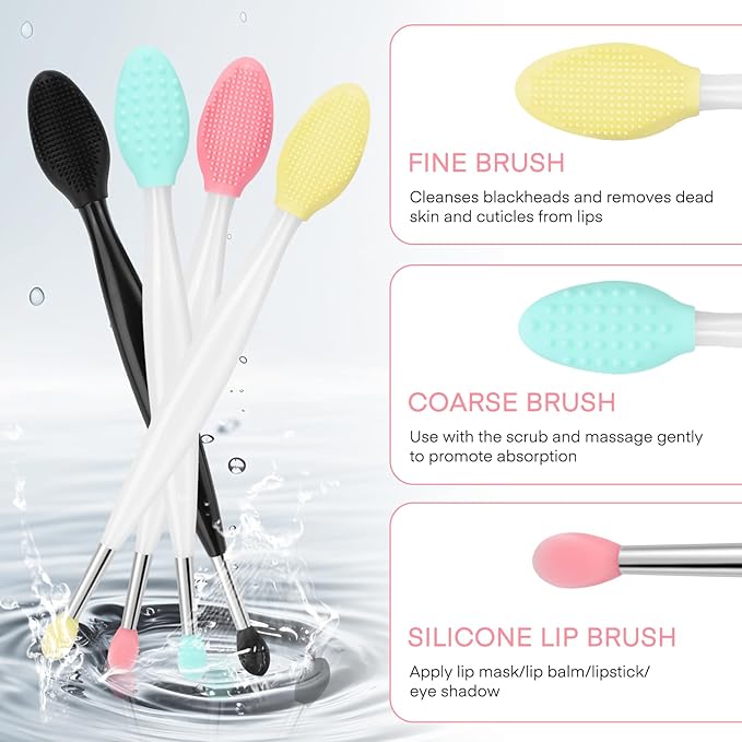 Unaone Lip Scrub Brush - 4 PCS Dual-ended Lip Scrubber Exfoliator and Silicone Lip Brush, 2-in-1 Silicone Lip Scrub Tool Lip Mask Applicator, Gentle Exfoliator & Applicator for Soft-VivaGrace Women