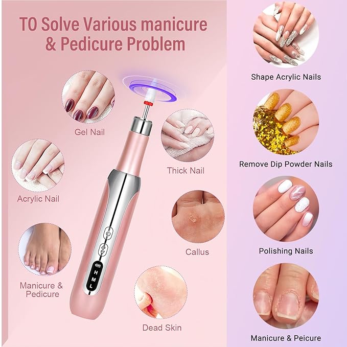Electric Nail Drill File Cordless,Portable Rechargeable Nail File Kit for Acrylic & Gel Nails,Professional Efile for Manicure Pedicure Polishing,with 12 Nail Drill Bits 31 Sanding Bands,Rose Gold-VivaGrace Women