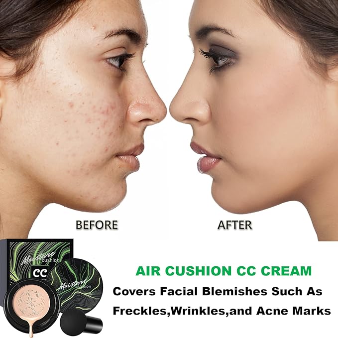 Mushroom Head Air Cushion CC Cream Foundation,QIUFSSE Mushroom Head Foundation BB Cream Makeup Foundation Concealer Brighten Long-lasting Oil Control and Moisturizing-Natural-VivaGrace Women