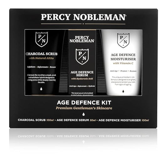 Percy Nobleman Age Defence Kit, a men's skincare set containing Charcoal Face Scrub (with Natural AHAs), ultra-hydrating Facial Serum (with Hyaluronic Acid), and Moisturiser (with Vitamin C)-VivaGrace Women