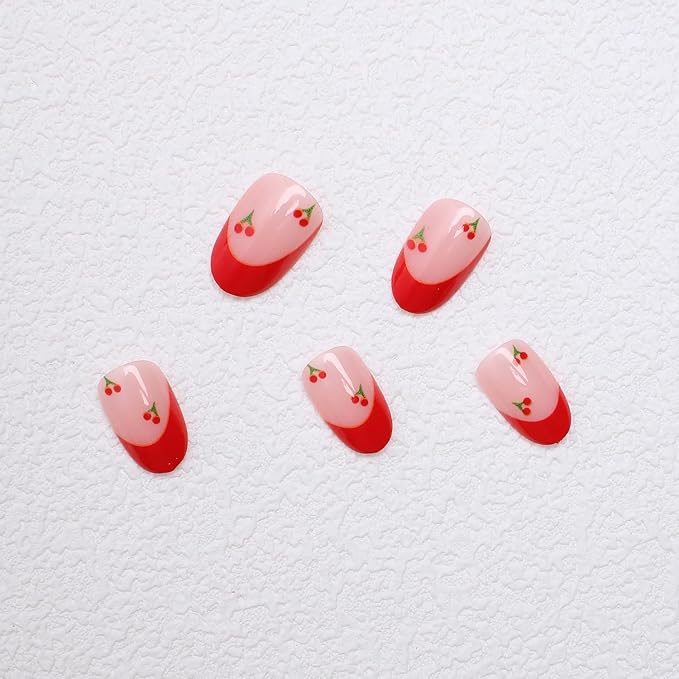 French Press on Nails Short Almond Shaped False Nails with Cherry Design Glossy Acrylic Nails Reusable Stick on Nails for Women's Daily Wear French Fake Nails with Nail Glue in 24 Pcs