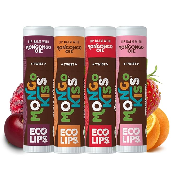 Eco Lips Mongo Kiss Organic Lip Balm 4 Pack Blood Orange, Yumberry, Strawberry Lavender, Black Cherry - 100 Percent USDA Organic - Soothe, Moisturize Dry-VivaGrace Women