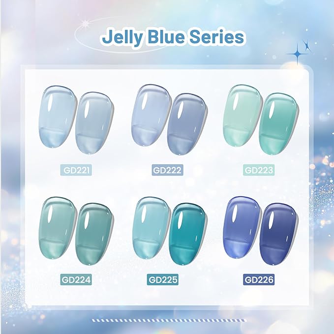 JODSONE 10ml 6 Colors Jelly Gel Nail Polish Set Ocean Blue Turquoise Gel Polish with Crystal Long Lasting All Seasons Need U V Lamp-VivaGrace Women